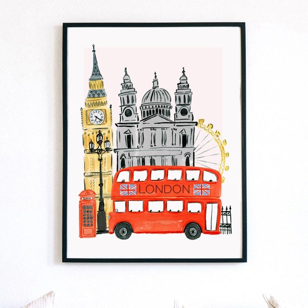 London England Art Print London Wall Decor Travel Big Ben St. Paul Cathedral The Eye Europe Map Travel Painting Illustration Girls Room