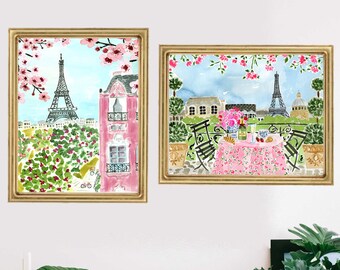 Paris Eiffel Tower Art Print Set Travel Paris Wall Decor Pink Trees Colorful Floral Flowers Map Painting Illustration Girls Wall Room Decor