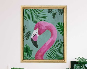Flamingo Art Print Flamingos Art Pink Bird Wall Decor Jungle Tropical Painting Illustration Bohemian Boho Animal  Nursery Pink Watercolor