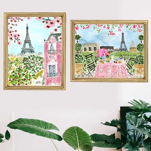 Paris Eiffel Tower Art Print Set Travel Paris Wall Decor Pink Trees Colorful Floral Flowers Map Painting Illustration Girls Wall Room Decor