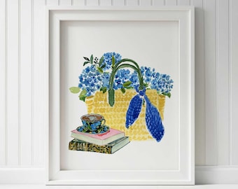Stack of Books Vintage Book Wall Art Print Watercolor Hydrangea Painting Home Office Bookworm  Library Reading Nook Book Bag Books Flowers