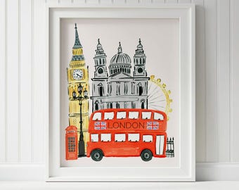 London England Art Print London Wall Decor Travel Big Ben St. Paul Cathedral The Eye Europe Map Travel Painting Illustration Girls Room