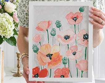 Poppy Poppies Art Print Wall Decor  Poppy Painting Poppies Art Pink Girls Nursery Flower Flowers Peach Cream Wildflowers Decor Farmhouse
