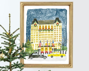 Christmas in NYC Art, Christmas in New York City Art, Christmas at the Plaza Hotel, Plaza Hotel Art, NYC Winter Art, Christmas in NYC Print