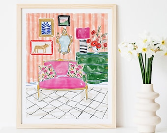 Interior Design Art Print Watercolor Boho Style Girls Bohemian Vintage Colorful Modern Wall Art Decor Poppies Stripes Loose