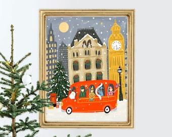 Christmas in London Art, London Art, London Art Print, London Wall Decor, Ice Skating Print, London Holiday Art, Christmas London Print