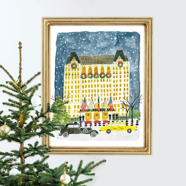 Christmas in NYC Art, Christmas in New York City Art, Christmas at the Plaza Hotel, Plaza Hotel Art, NYC Winter Art, Christmas in NYC Print