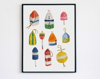 Lobster Buoys Vintage Nautical Beachy Sea Side Coastal Living Wall Art Print Watercolor Blue White Painting Boys Room Decor Sailing Buoy