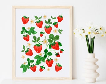 Strawberry Decor, Strawberry Print, Strawberry Art, Strawberry Painting, Fruit Cottage Core Kitchen, Strawberry Food Wall Art Decor Red Pink