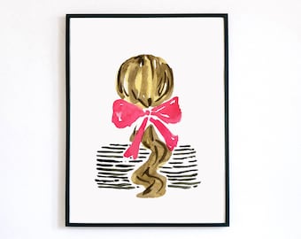 Fashion Beauty Ponytail Hairstyle Style Black White Pink French Girl Paris Tween Teen Art Print Wall Art Decor Girls Room Watercolor