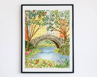 Impression d'art de la ville de New York Décoration murale NYC Central Park Gapstow Bridge printemps Architecture aquarelle Brooklyn voyage peinture Illustration