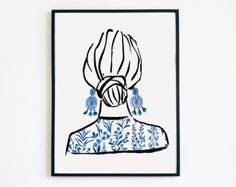 Fashion Print, Fashion Wall Decor, Fashion Illustration, Blue and White Art, Watercolor Fashion Print, Earrings Print, Bun Hairstyle Print