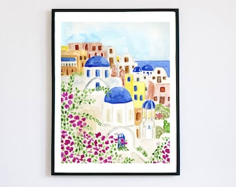 Santorini Greece Watercolor Art Print Travel Houses Colorful Coastal Flowers Bohemian Souvenir Map Painting Illustration Girls Wall Decor