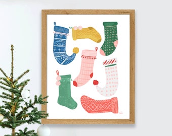 Christmas Stockings Art Print, Christmas Wall Art, Christmas Home, Decor, Pastel Christmas Decor, Retro Christmas, Holiday Wall Art