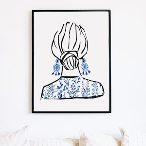 Fashion Print, Fashion Wall Decor, Fashion Illustration, Blue and White Art, Watercolor Fashion Print, Earrings Print, Bun Hairstyle Print