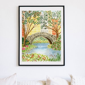 New York City Art Print NYC Wall Decor Central Park Gapstow Bridge Spring Architecture Watercolor Brooklyn Travel Painting Illustration