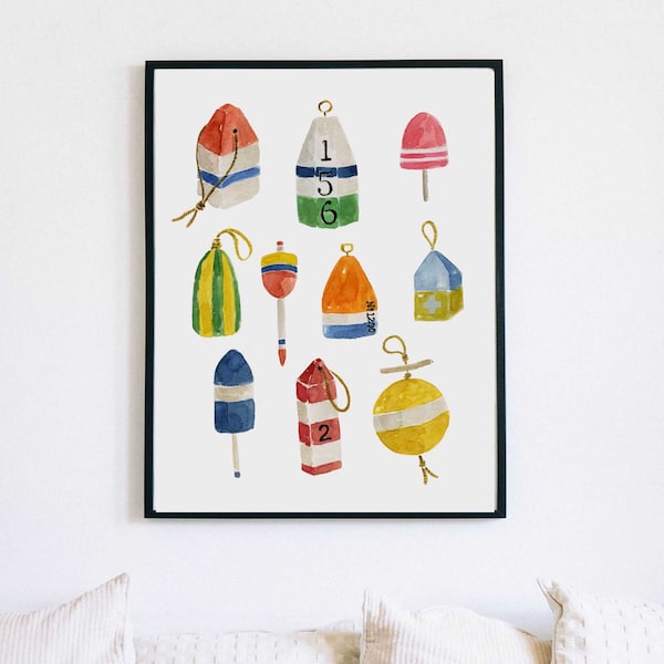 Lobster Buoys Vintage Nautical Beachy Sea Side Coastal Living Wall Art Print Watercolor Blue White Painting Boys Room Decor Sailing Buoy