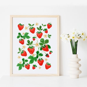 Strawberry Decor, Strawberry Print, Strawberry Art, Strawberry Painting, Fruit Cottage Core Kitchen, Strawberry Food Wall Art Decor Red Pink