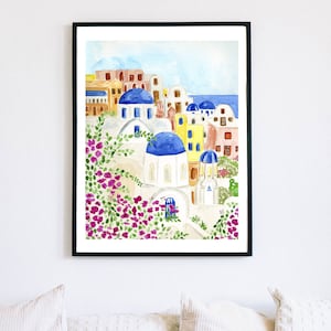 Santorini Greece Watercolor Art Print Travel Houses Colorful Coastal Flowers Bohemian Souvenir Map Painting Illustration Girls Wall Decor