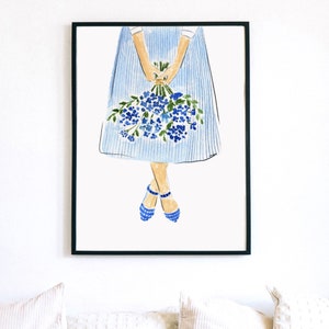 Striped Skirt with Flowers Hydrangeas Fashion Illustration Style Pink Blue French Girl Paris Art Print Wall Art Decor Girls Room Watercolor