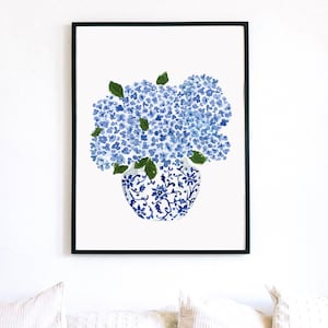 Hydrangea Print, Hydrangea Art, Hydrangea Painting, Blue Hydrangea Print, Blue and White Vase Planter, Ginger Jar Print, Delft Blue Vase image 2