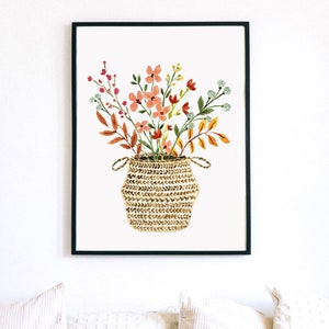 Bouquet Floral Flowers Art Print Watercolor Basket of Flowers Boho Style Girls Nursery Bohemian Modern Wall Art Decor Farmhouse