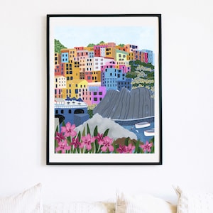 Cinque Terre Italy Art Travel Houses Colorful Print Floral Flowers Amalfi Coast Coastal Gift Map Painting Illustration Girls Wall Room Decor