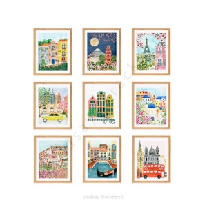 Travel Inspired Art Print Set Positano Italy Santorini Greece Lisbon Paris NYC Venice Kyoto Amsterdam London Painting Girls Wall Room Decor image 1