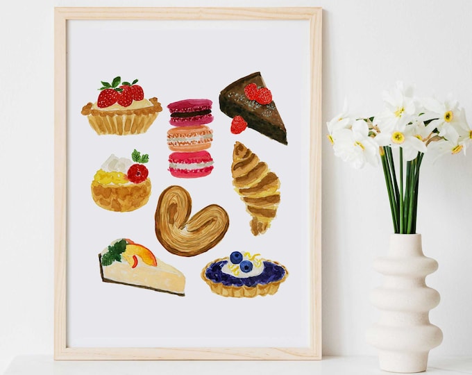 Pastry Pastries French Watercolor Art Colorful Print Dessert Bakery Pie Macaron Crossiant Kitchen Painting Illustration Girls Wall Decor