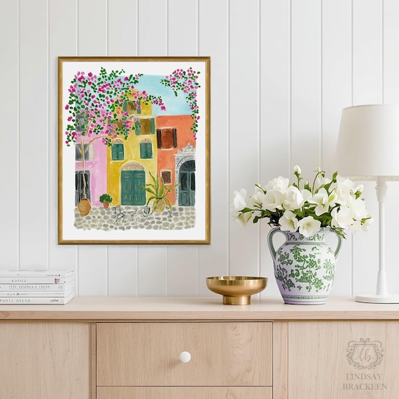 Greece Corfu Old Town Painting Oia Paros  Watercolor Art Print Travel Houses Colorful Greek Island Isles Bohemian Souvenir  Wall Decor