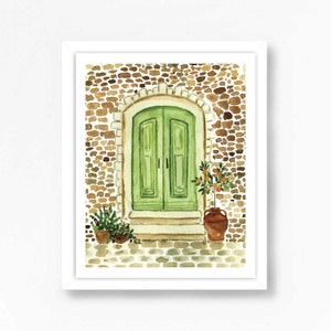 Positano Puglia Italy Art Watercolor Travel Houses Print Italian Style Farmhouse Green Door Citrus Tree Painting Kitchen Wall Decor Painting