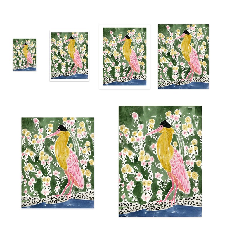 May include: Watercolor print of a bird with yellow and pink plumage, a black head, and a long beak. The bird stands in front of a green background with yellow and pink flowers. A blue line and a leopard print border the bottom.