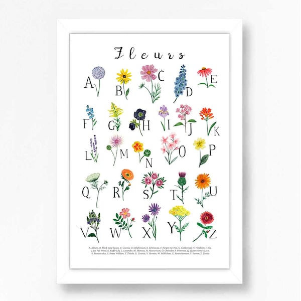 Alphabet floral fleuri, impression d'art mural ABC, affiche de décoration de chambre d'enfant pour chambre d'enfant, peinture botanique éducative pour enfants, lettres de jeu modernes
