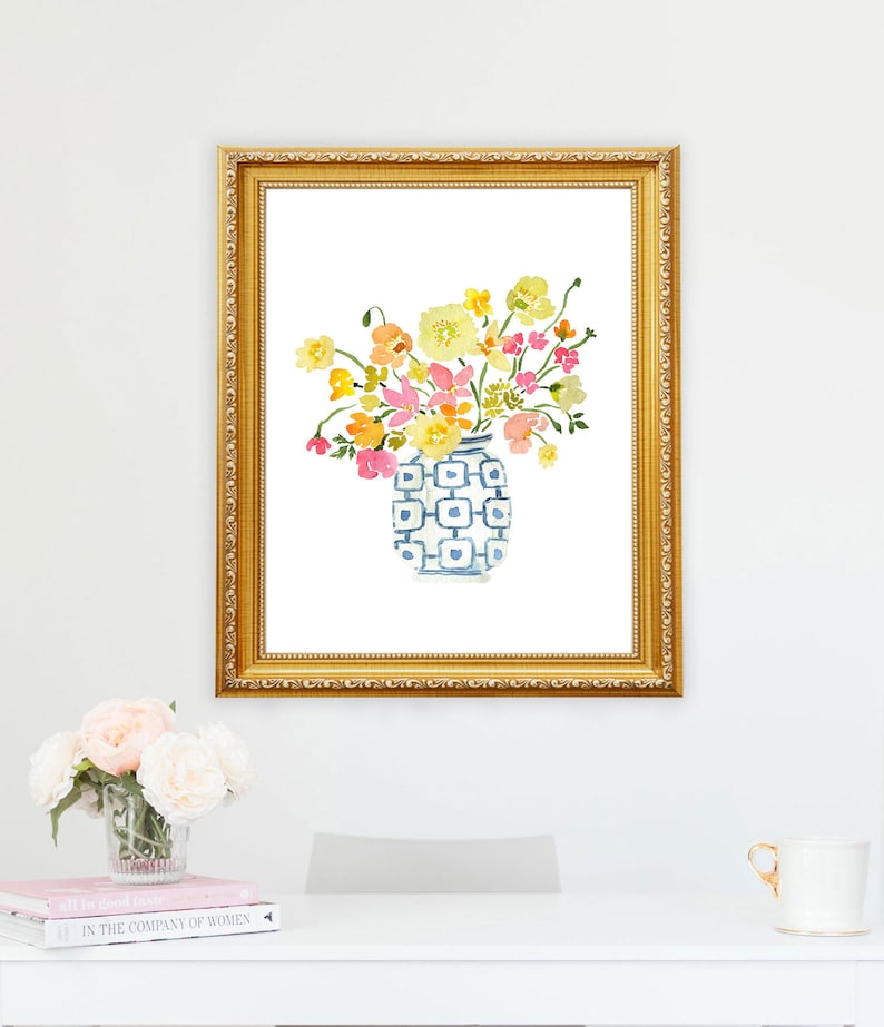 Pink Yellow Flowers in White Blue Vase Art Print, Ginger Jar Art, Ginger Jar Print, Bouquet in Blue White Vase Art Print, Floral Watercolor image 4