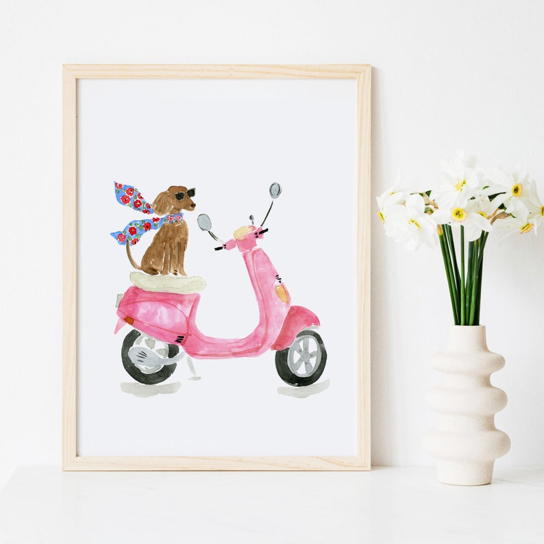 Dog on a Vespa Art Print, Dog Art Print, Dog Portrait, Dog Wall Art, Dachshund Art, Dog Art, Dog in Paris Art, Dog Nursery Art image 1