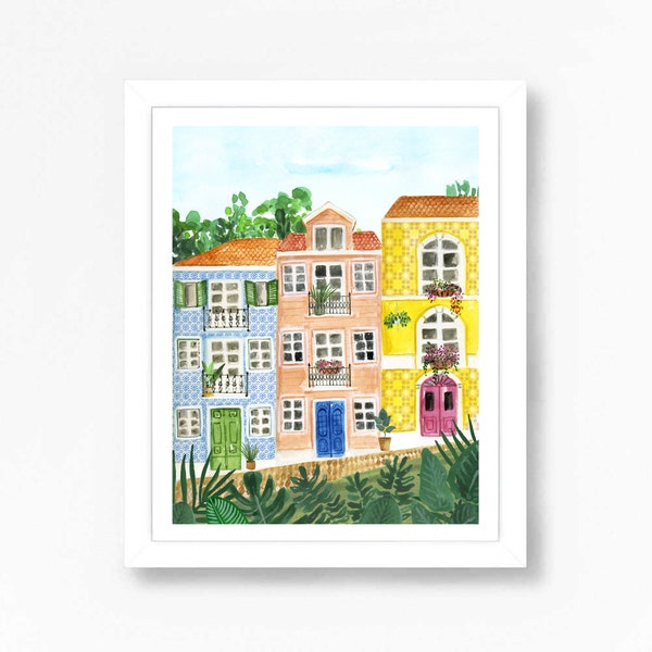 Lisbon Portugal Print Lisbon Wall Art Watercolor Travel  Colorful Tile Houses Plants Architecture Bohemian Painting Illustration Tropical