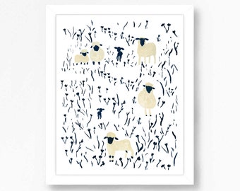 Sheep Lamb Animal Farm Print Wall Art Nursery Childrens Room Decor Kids Wool Knitting Fiber Art White Navy Farmhouse