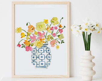 Pink Yellow Flowers in White Blue Vase Art Print, Ginger Jar Art, Ginger Jar Print, Bouquet in Blue White Vase Art Print, Floral Watercolor