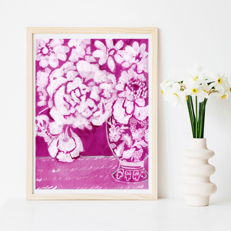 Peonies Peony Modern Bohenmian Floral Bouquet Art Print Illustration Flowers Branches Pink and White China Vase Painting White Wall Decor image 5