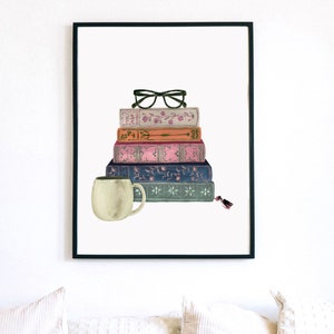Stack of Books Vintage Book Wall Art Print Watercolor Bookshelf Read Painting Home Office Bookworm Library Reading Nook Coffee Cup Glasses image 4