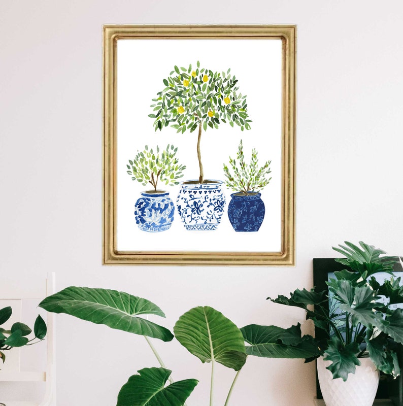 Lemon Lemons Tree Olive Navy Blue White Vase Plants Floral Flowers Art Print Ginger Jar Green Gouache Bohemian Modern Wall Decor Farmhouse image 3