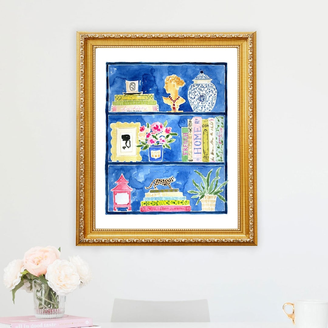 Bookshelf Art Print Stack of Books Ginger Jar Book Lover Art Etsy