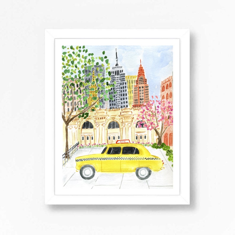 New York City Art Print NYC Wall Decor Taxi Empire State Building MET Museum Architecture Watercolor Brooklyn Travel Painting Illustration 
