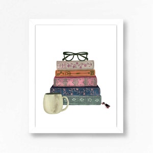 Stack of Books Vintage Book Wall Art Print Watercolor Bookshelf Read  Painting Home Office Bookworm  Library Reading Nook Coffee Cup Glasses