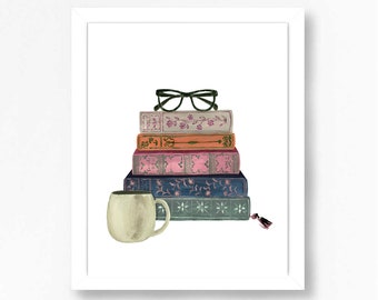 Stack of Books Vintage Book Wall Art Print Watercolor Bookshelf Read  Painting Home Office Bookworm  Library Reading Nook Coffee Cup Glasses