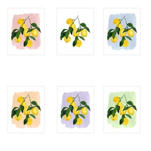 May include: Six watercolor prints featuring lemon branches with yellow lemons and green leaves. Each print has a different pastel background color: pink, white, blue, peach, purple, and green. The prints are on white paper.