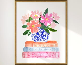 Stack of Books Bouquet Book Wall Art Print Watercolor Pink Flowers Blue White Vase Bookshelf Read Painting Home Office  Library Reading