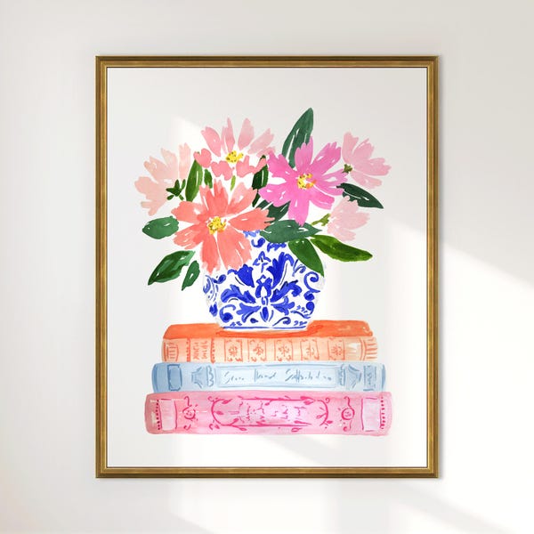 Stack of Books Bouquet Book Wall Art Print Watercolor Pink Flowers Blue White Vase Bookshelf Read Painting Home Office  Library Reading