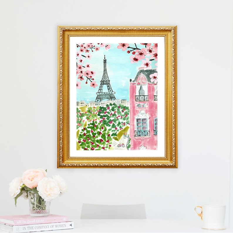Paris Eiffel Tower Art Print Travel Paris Wall Decor Pink Trees Colorful Floral Flowers Map Painting Illustration Girls Wall Room Decor image 3