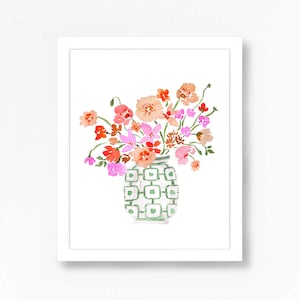 Pink Red Flowers in White Green Vase Art Print Ginger Jar Art Ginger Jar Print Grand Millenial Style Art Print Floral Watercolor in Vase